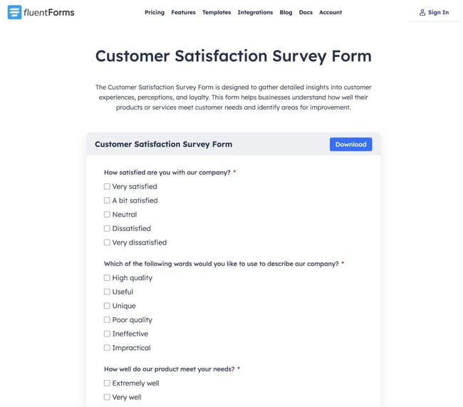 the customer satisfaction survey template from fluent forms